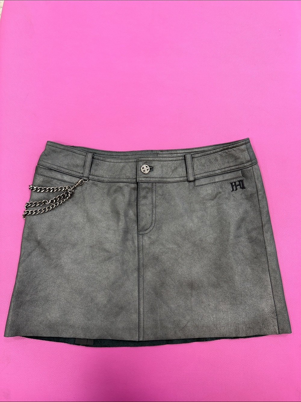 Harley-Davidson Gray genuine Leather Mini Skirt with Chain Accent